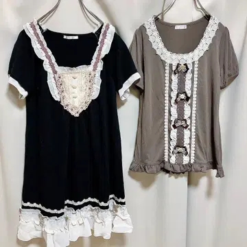 2세트 axes femme 블랙 티셔츠 원피스 튜닉 레이스 반팔