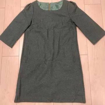 그린 A라인 무릎 기장 원피스 7부 소매