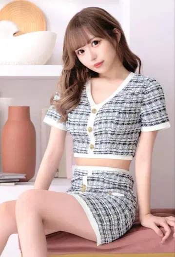 체크 무늬 크롭 탑 & 스커트 세트 M Jewels