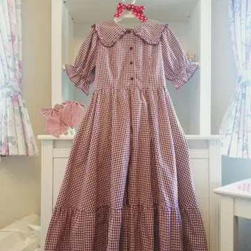 시마무라 아오키 미사코 깅엄 체크 원피스 리본 클립 세트