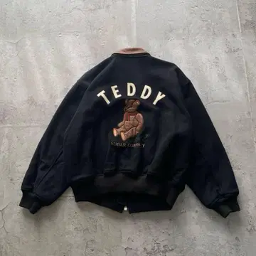 구제 의류 TEDDY 곰 애니멀 자수 바시티 자켓 블랙 크롭 자켓
