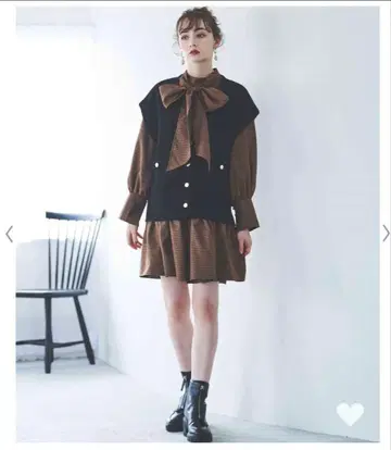 트위디 가디건 세트 셔츠 원피스 리본 포함 브라운 티어드 원피스