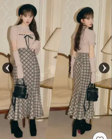 오리지널 체크 무늬 슬림 레그 스커트