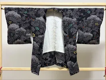A 시보리 가공 꽃 무늬 블랙 화이트 순수 실크 이중 기모노 겉옷 K7