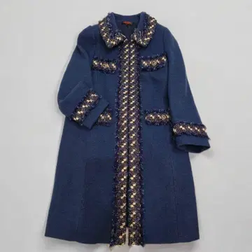 YUKI TORII 트위드 울 코트 네이비 38 고급 클래시컬