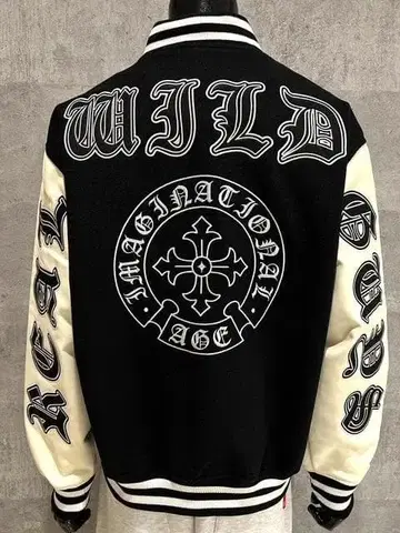 페이크 멜톤 소매 PU 절개 바시티 자켓 블랙 L 빅 실루엣 자수