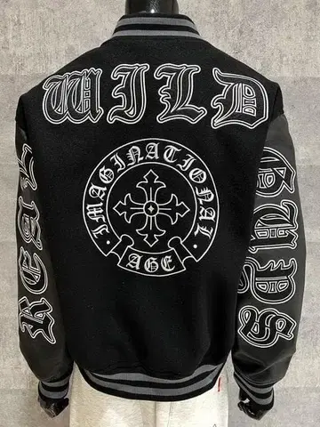 페이크 멜톤 소매 PU 절개 바시티 자켓 블랙 XL 빅 실루엣 자수