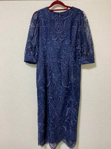 네이비 레이스 자수 드레스 허리 리본 포함