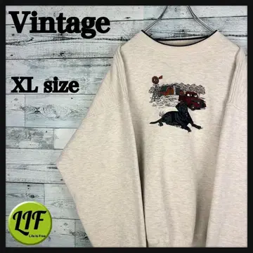 빈티지 애니멀 자수 도그 개 맨투맨 그레이 XL 3654