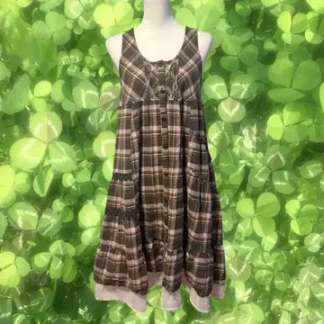 모리걸 페어리 그런지 체크 무늬 프릴 슬리브리스 원피스 브라운