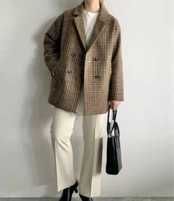 [ 거의 새상품 ] LOWRYS FARM 트위드 체크 더블 자켓 브라운