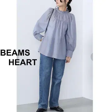 새상품급 BEAMS HEART 빔즈하트 넥개더 블라우스 블루