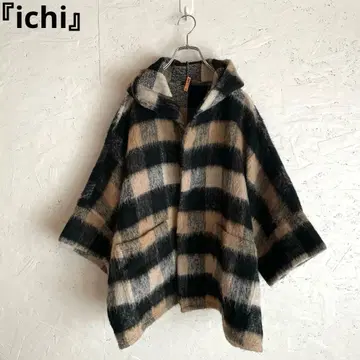 일본제 [ichi] 후드 부착 울 체크 코트 F