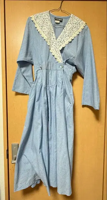 빈티지 구제 의류 스카이블루 레이스 옷깃 롱 원피스