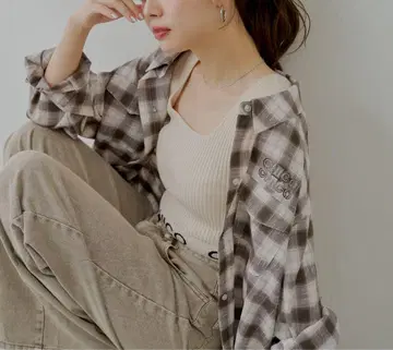 Chico 2WAY 오버 체크 셔츠 베이지