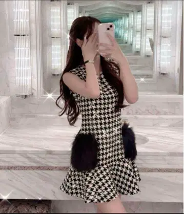 루미뇽 Lumignon 하운드투스 체크 패턴 포켓 퍼 원피스