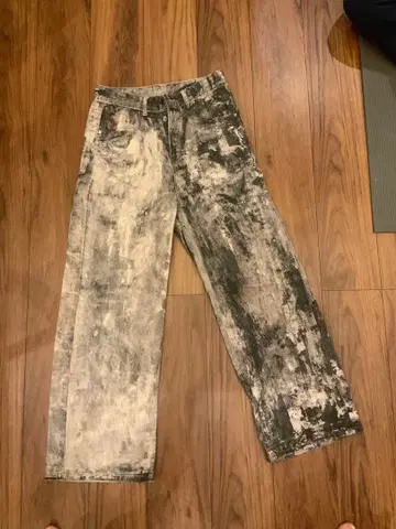 페인트풍 디자인 와이드 레그 데님 팬츠