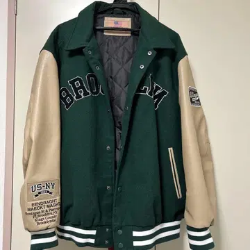 WEGO 바시티 자켓 BROOKLYN 자수 와펜 그린 x 베이지 L