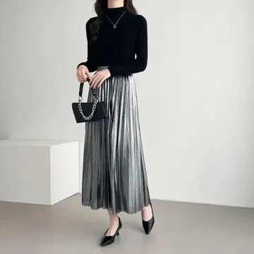 실버 플리츠 스커트 롱 샤이니 스커트