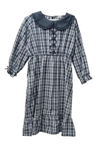 4L 체크 무늬 긴팔 원피스 리본 둥근 카라 원피스