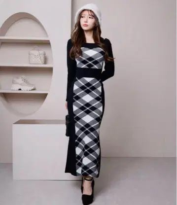 즉시 구매 LIP SERVICE 체크 자카드 오프숄더 머메이드 원피스