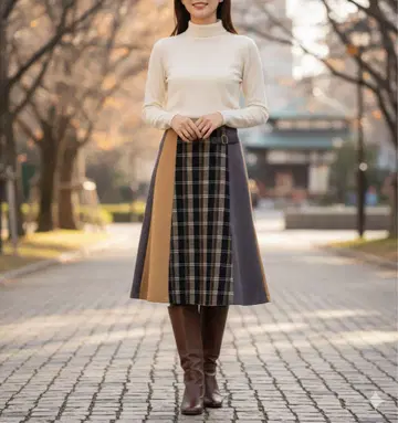 she mo shelly 울 체크 스웨이드 스커트 A라인 롱