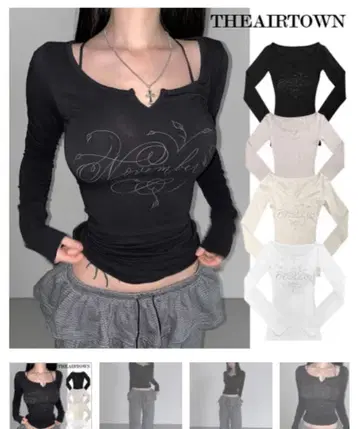 THEAIRTOWN 시즈니룩 한국 리프 레터링 슬릿 상의