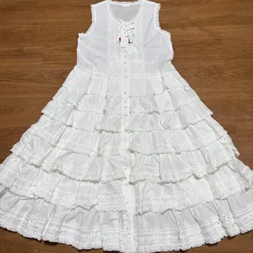 [ 미사용 ] 핑크하우스 슬리브리스 프릴 롱 원피스 시로 (스커트 7단)