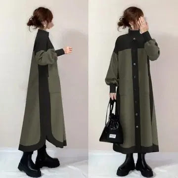 바이컬러 보틀넥 원피스 롱 기장 성숙 캐주얼 블랙 카키