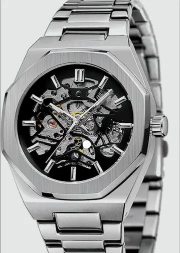 자동 태엽 스켈레톤 손목시계 실버