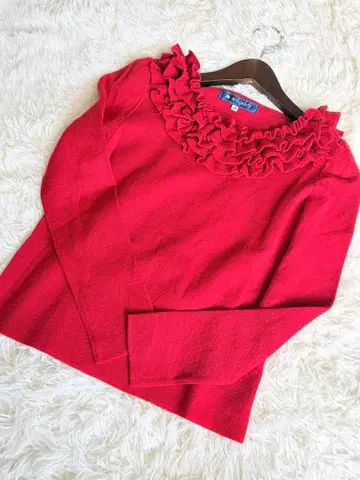 새상품급 M's GRACY 목 프릴 긴팔 티셔츠 레드 고급