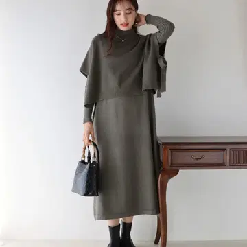 사이드 리본 케이프 니트 베스트 & 리브 니트 원피스 셋업