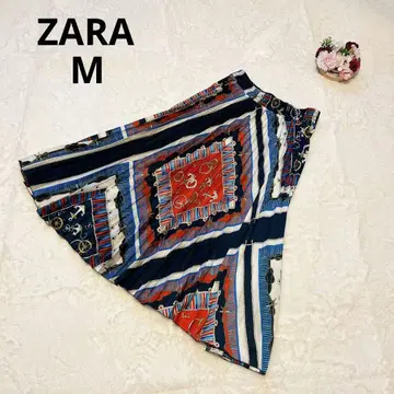 자라 스카프 패턴 플리츠 스커트 롱 기장 개성있는 여성용 허리밴딩 M