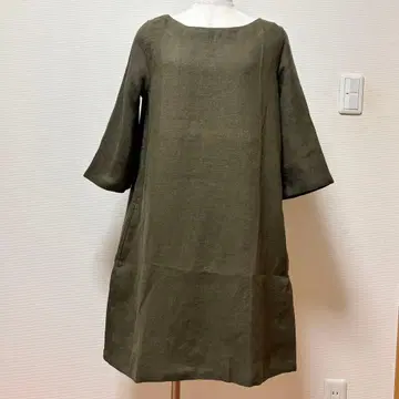 [ 새상품 ] 헴프 충병위 린넨 7부 소매 A라인 원피스 올리브 그린 M