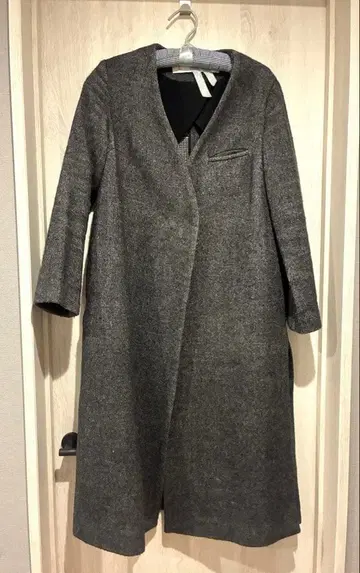 그레이 울 혼방 롱 코트 체크 무늬