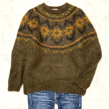 새상품급 vintage 울 혼방 노르딕 무늬 크루넥 샤기 니트 M