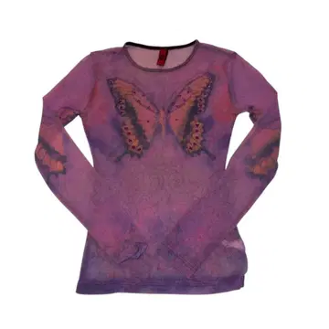 나비 프린트 긴팔 시어 탑