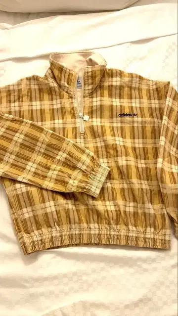 아디다스 adidas 코듀로이 하프 지퍼 탑 체크 블루종 S