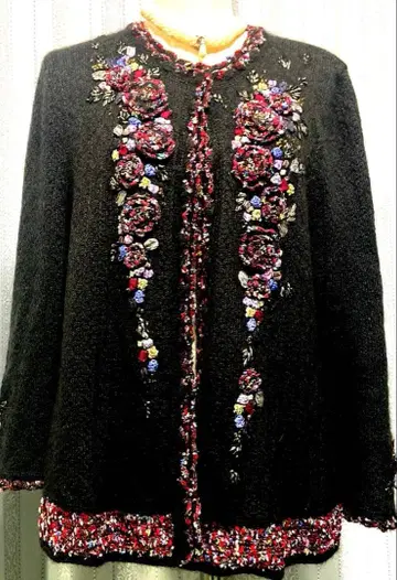 아틀리에 사간 LL 빅 모헤어 혼방 다크 그레이 꽃무늬 자수 긴팔 가디건