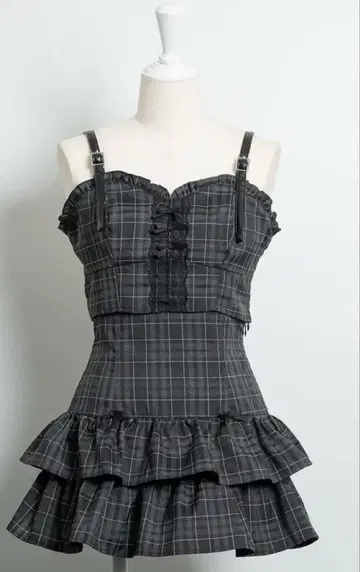 pium 프론트 리본 뷔스티에 세트 블랙 체크