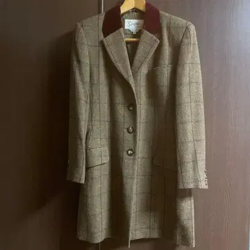 스캐파 롱 기장 트위드 자켓 체크 무늬 보르도 옷깃 38 사이즈