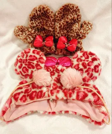 레오파드 무늬 팬캡 미튼 세트