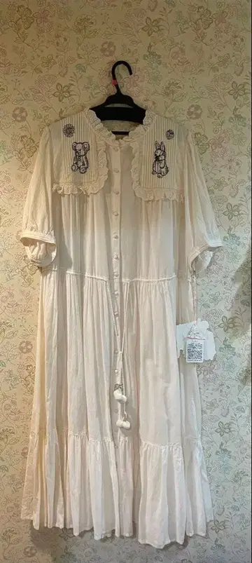 yukiemon 자수 화이트 롱 원피스