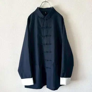 쿵푸 셔츠 긴팔 다크 네이비 차이나 셔츠 매듭 버튼 셔츠