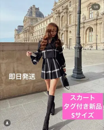 택 포함 새상품 Sheller 셰리에 체크 플리츠 스커트 블랙