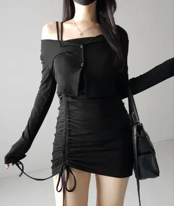 meemselect 셔링 사이드 리본 미니 원피스 가디건 SET