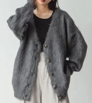 칠 퍼 헤어 리 볼륨 샤기 가디건 그레이