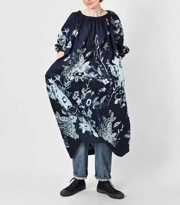 45R45rpm 아네모네 버드 프린트 셔링 드레스 (인디고