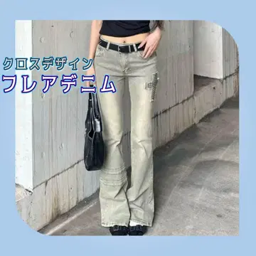 [ 새상품 ] 크로스 디자인 플레어 데님 여성용 한국 Y2K 부츠컷