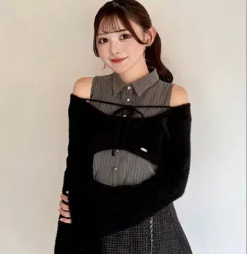 nomae 셔츠 레이어드 샤기 니트